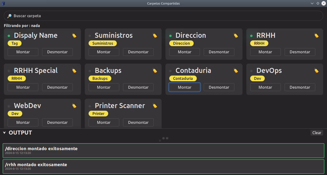 Grid of samba directories as items to be mounted and dismounted plus an output panel